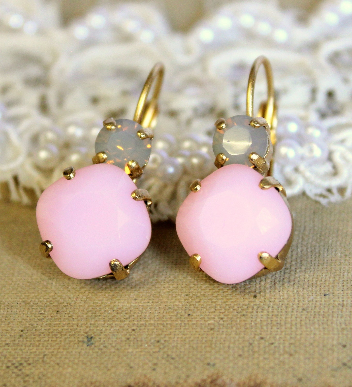 Pink blush and Gray earring - classic earrings 14k plated gold real swarovski rhinestones .