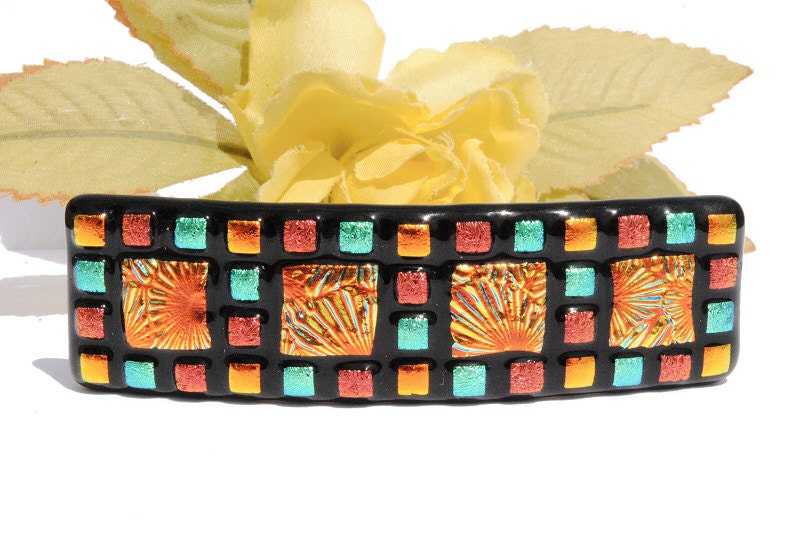Dichroic Glass Barrette, Mosaic Art, Fused Glass Accessory, Texture, OOAK, Fall Harvest, Squares, Gold Orange Teal Red Black (Item 50068-B) - IntoTheLight