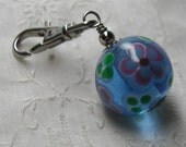 Zipper Pull Light Blue Flower Swivel Clip Backpack Clip Purse Fob Keychain Glass