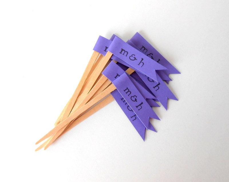 Initialed Cupcake Toppers, 12 Flags, Hand-Stamped - Wedding, Reception, Cake, Initials, Custom, Love, Dessert, Paper, Wooden Picks, Couple