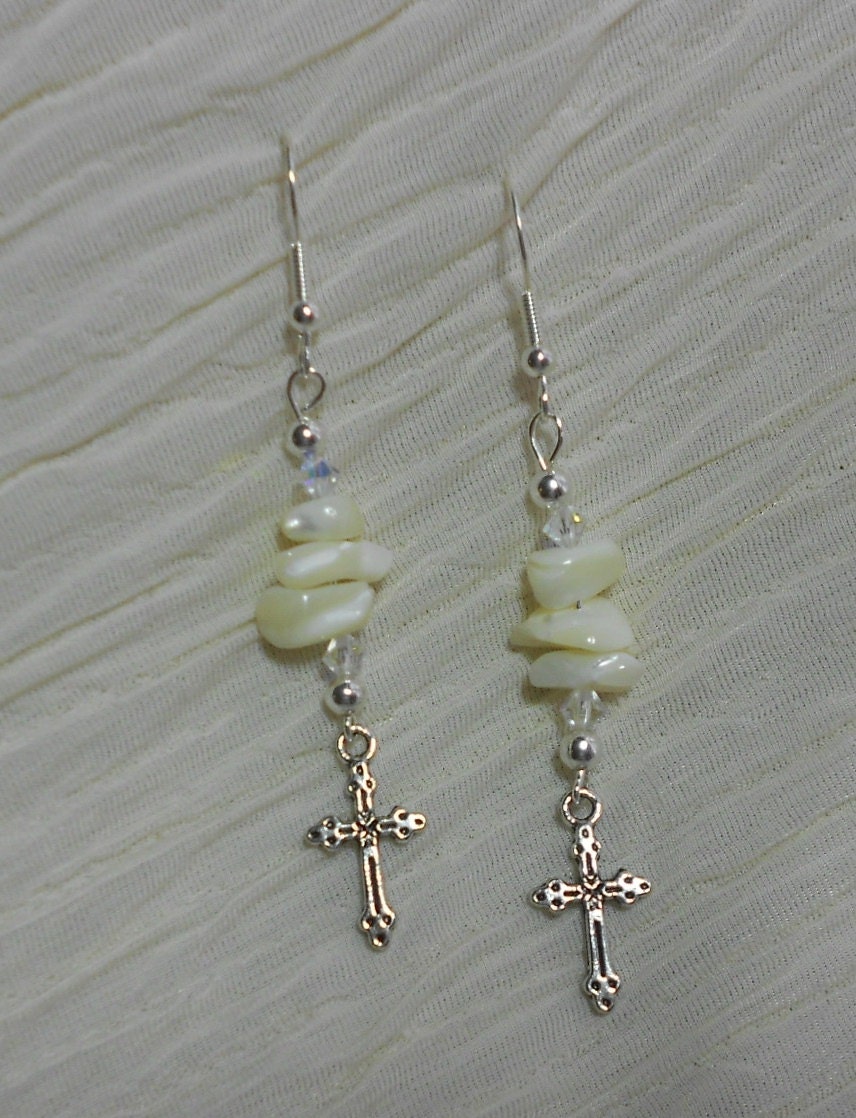 Cross Earrings Mother of Pearl Shell Dangle Earrings