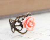 Rose Ring, Dainty Flower Ring, Adjustable Filigree Band, Coral Pink, Peach, Shabby Chic Jewelry, Cocktail Ring, Spring Jewelry