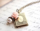 Book Locket Necklace, Pendant Pastel Pink Rose, Pearl Charm, White Pearl Acorn, Secret Hiding Place, Photo locket, Vintage Style