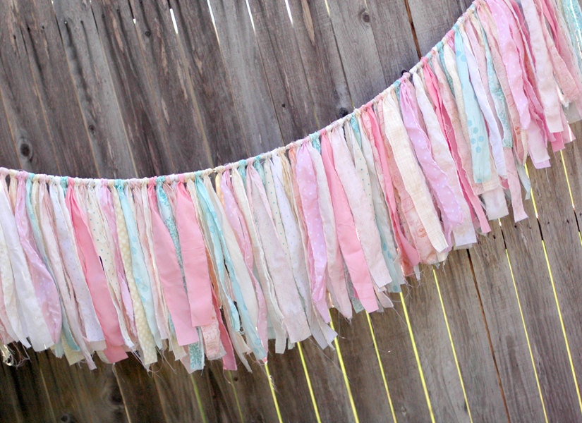 Shabby Torn Fabric Rag Garland Banner Bunting, Wedding Party Decor, Photo Prop in Vintage Inspired - Soft PInks, Aquas, and Creams - 6 Feet