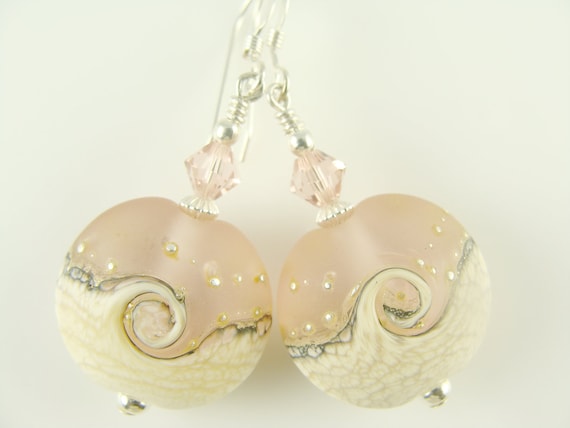 Beaded Earrings, Pink Dangle Earrings, Ocean Earrings, Glass Bead Earrings, Ivory Lampwork Earrings, Lampwork Jewelry