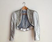 Amazing Vintage 80s Metallic Silver Studded Leather Jacket with Rhinestones and Silver Studs, Size XS