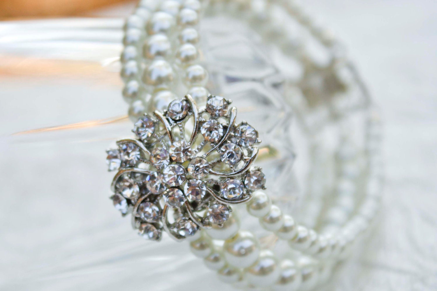 Pearl Bracelet with Vintage Rhinestone Component - Multi-Strand Wedding Cuff