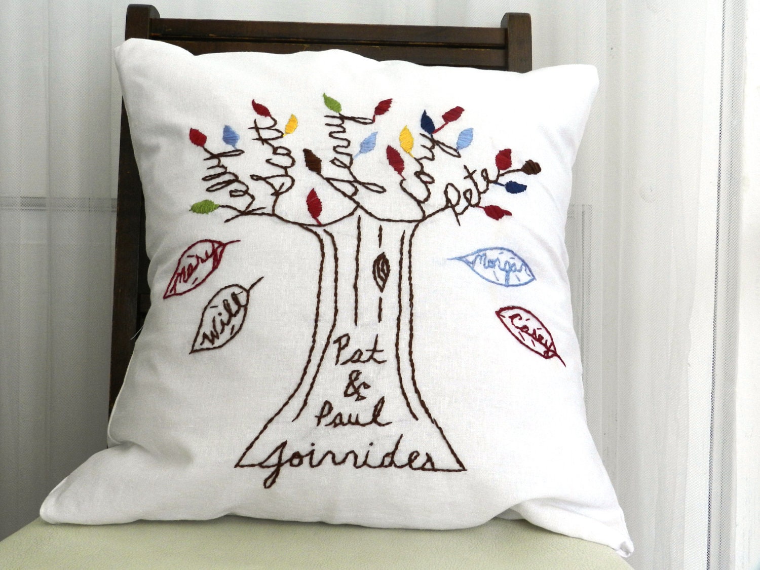 Falling Leaves Personalized Family Tree Pillow  Cover. Mothers Day. Unique Christmas or  Birthday Gift.