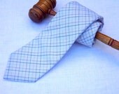 Vintage 60s Mens Tie, Preppy Plaid Blue Necktie, Cotton