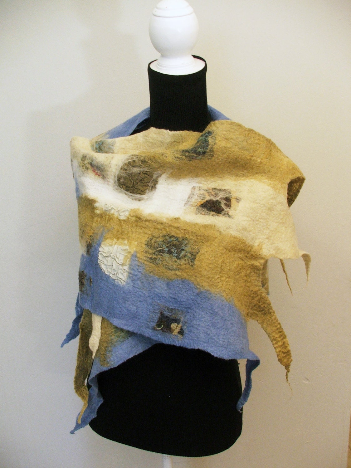Winter City - Nuno Felted Scarf, OOAK, Art to Wear, Organic Natural Eco