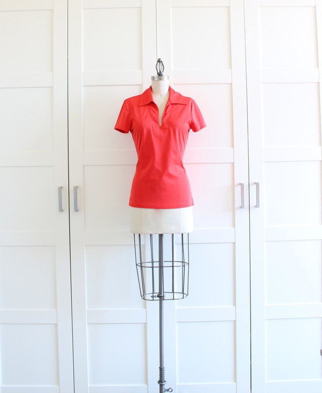 SALE - Nautical Ship N Shore Polo Shirt, Red Sailor Pinup Top Womens Blouse, size Medium