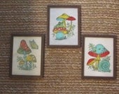 Set of 3 Retro Vintage Mushroom Prints with butterflies, snails and frogs- retro, vintage mushroom, snail, vintage butterfly, 1960s art