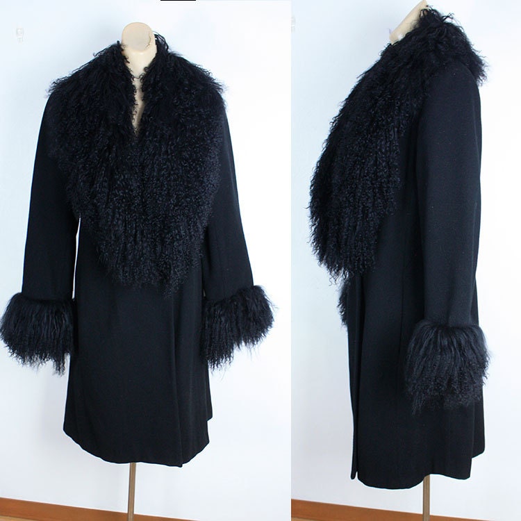 Vintage Black Wool HUGE Mongolian Fur Collar And Cuffs Wool Coat