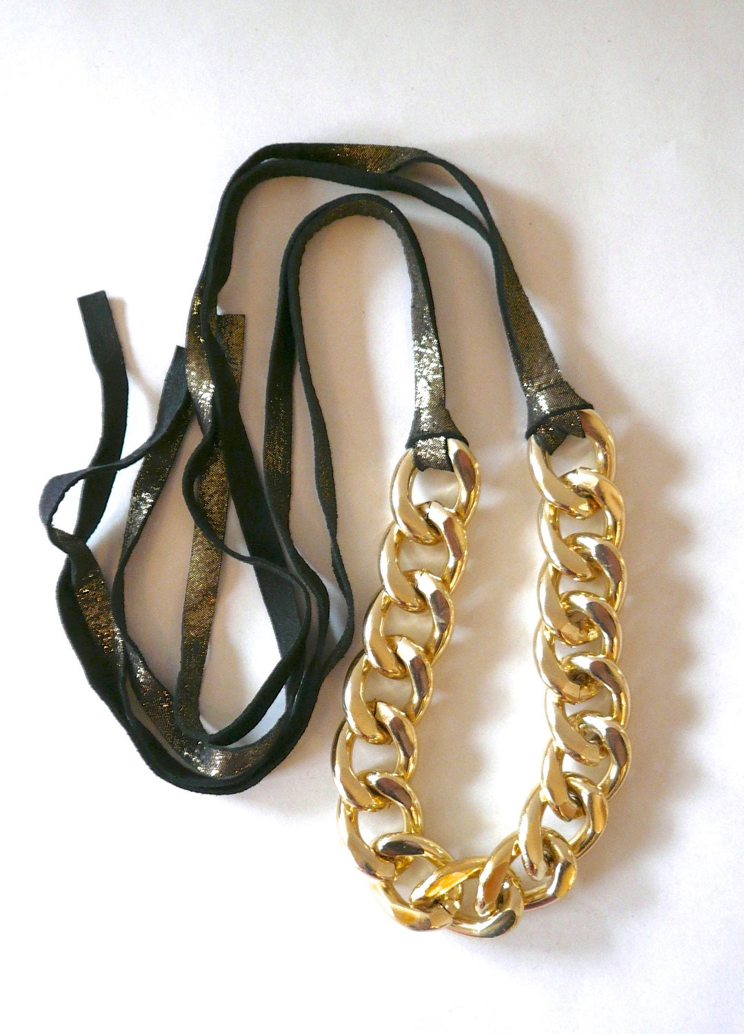 Chunky Gold Chain Link & Gold/Black Leather Necklace