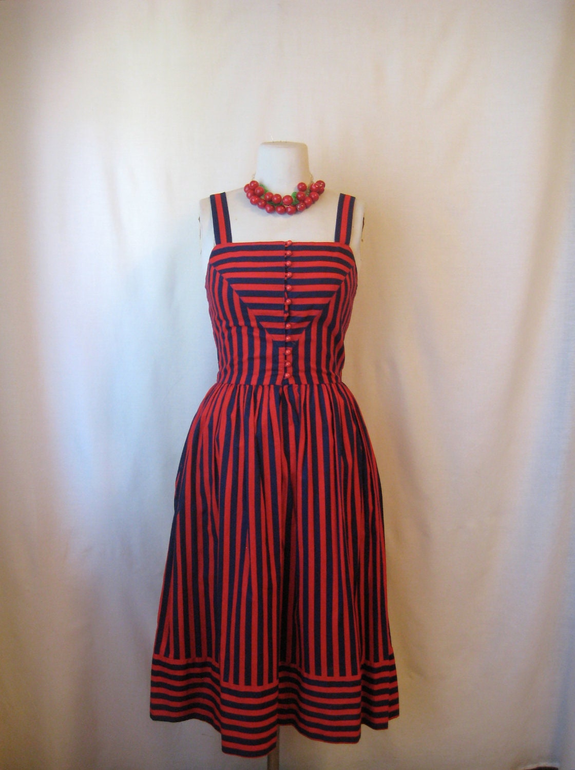 vintage striped dress. 1940s inspired pin up girl. nautical 1970s lanz sundress.