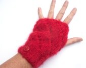 Poppy Red handwarmers / fingerless gloves  hand knitted in mohair in diagonal eyelet pattern . Red buttons