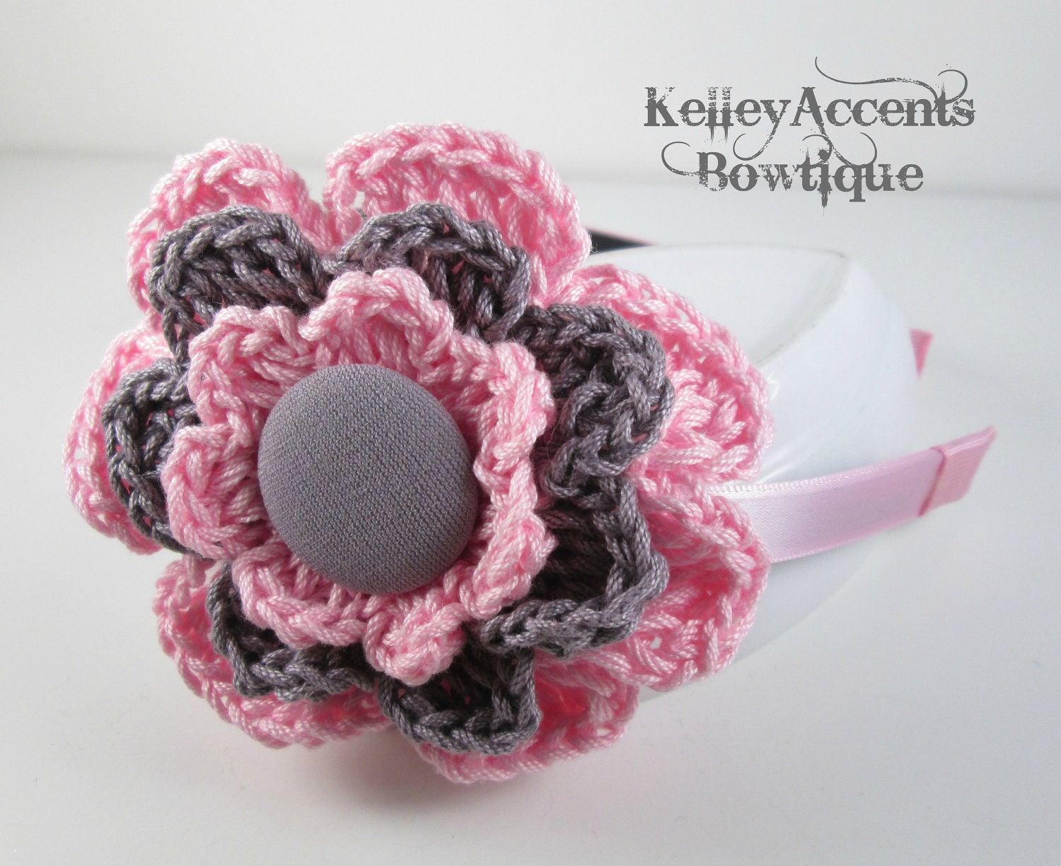 Pink and Gray Crochet Flower Headband