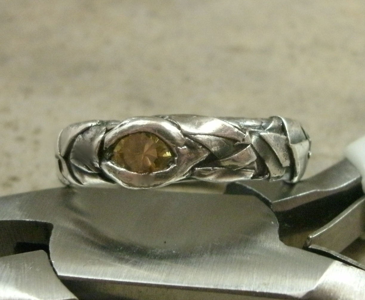 Abstract Fine Silver Ring with Yellow Diamond CZ Stone - Round Solitaire - Art Deco - Band - Engagement - Golden Eye- Eco-Friendly Silver