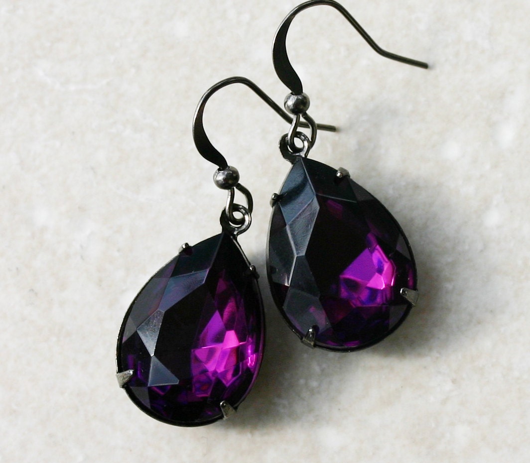 Amethyst Earrings - Teardrop Crystal Gunmetal