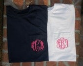 Personalized Monogrammed LONG SLEEVE Pocket Tshirt Tee T Shirt Initials Lime Green, White, Navy, etc