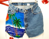 ON SALE- was 55 now 30 Vintage High Waisted Frayed hawaien Print On Blue Levi Denim Shorts size 30" loose fit