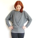 Boatneck wrap top- Womens tunic- Batwing sleeves-  Dark grey pullover- Elegant chic sweater- Long sleeved lurex top- Shimmering pullover