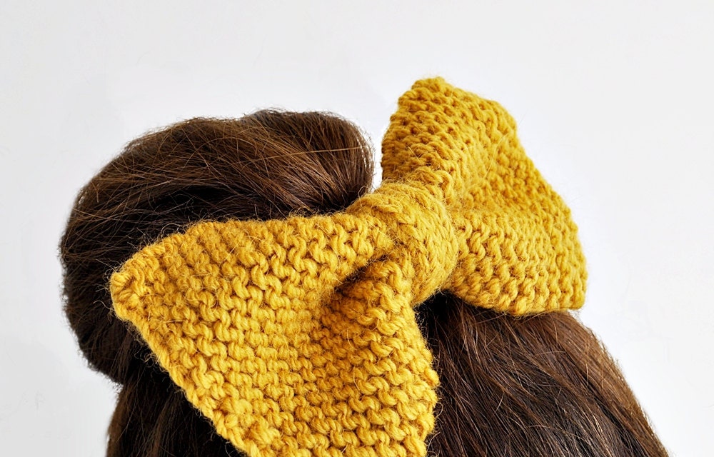 Large Hand Knit Bow Hair Comb Slide Mustard Colored
