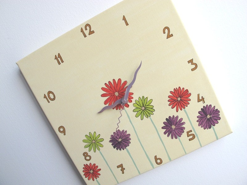Children's Wall clock-  Daisy flowers clock Hand painted on canvas- Cream clock for nursery/ kitchen clock