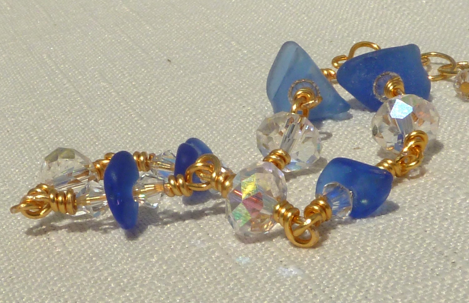 Cobalt sea glass bracelet, blue, clear Thai and Swarovski crystal, beach wedding, something blue