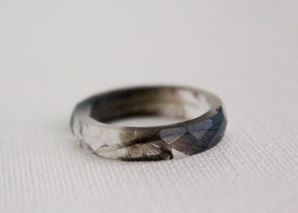 thin multifaceted eco resin ring with blue macaw feathers - size 8
