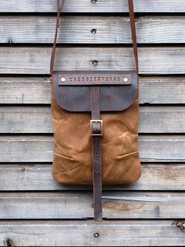Waxed canvas day bag/small messenger bag with waxed brown leather strap,COLLECTION UNISEX