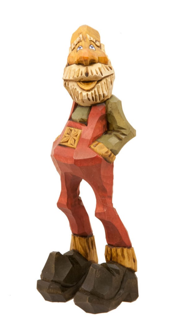 Hand Carved Wooden Santa: Slim Santa with Hands in Pockets and Bald