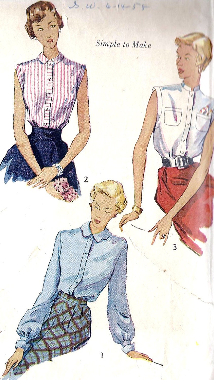 1940s Misses Button Front Blouse with 3 Collar Styles Vintage Sewing Pattern, Office Fashion, Feminine, Simplicity 3092 bust 34"