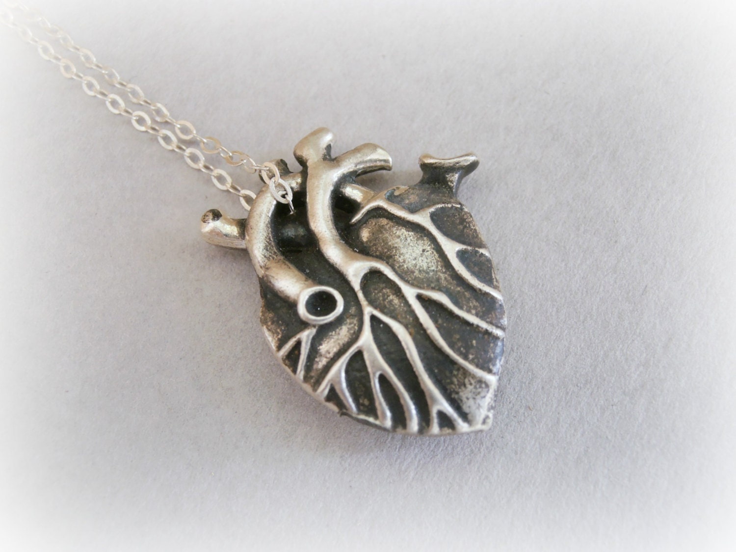 Mini Anatomical Sterling Silver Heart - 3D sterling silver heart necklace