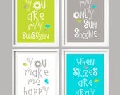 You Are My Sunshine in Lime green, Gray and Turquiose, 4 prints 8x10 nursery art, baby shower gift