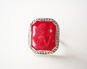 Art Deco Ring. Red Glass and Sterling Silver Ring. Great Gatsby Jewelry