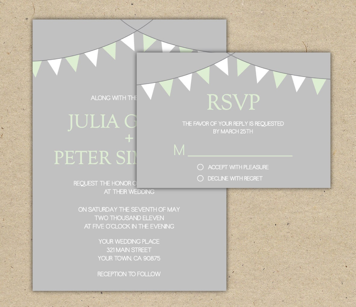 Custom Wedding Invitation and RSVP- Bunting, Flags, outdoor wedding (1038)