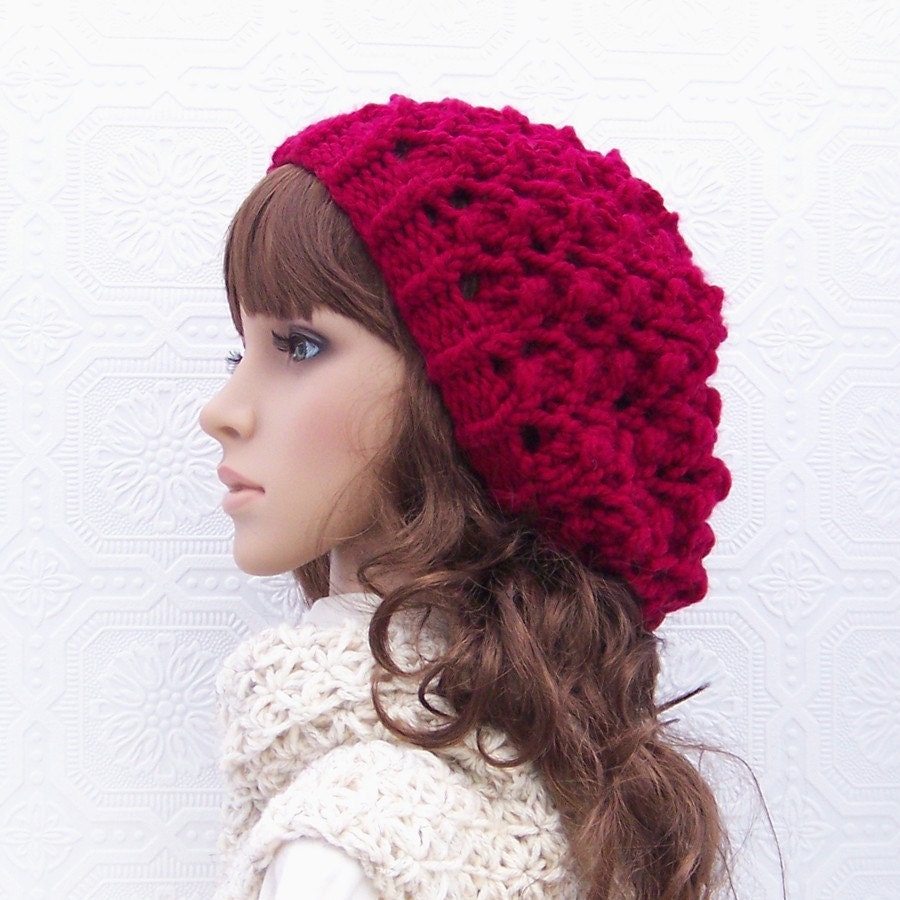 Hand knit hat - color choice or cranberry red - accessories Winter Fashion handmade by Sandy Coastal Designs