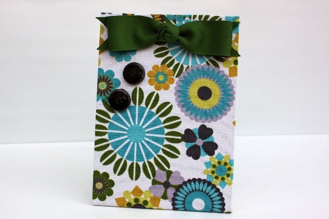 Magnetic Message Board, Free Standing, Magnet Photo Holder,  Teal Mustard White Moss Green Grey Fabric, Green Bow, black button magnets