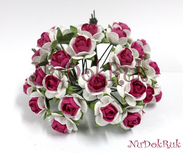 10 Fuchsia & White  Mulberry Paper Rose Flower handmade size 1.5 cm. ,scrapbooking