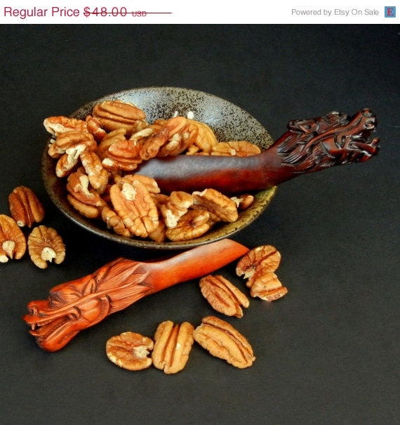 50% SALE TWO Hand carved Wood Dragon FRUIT Scoops // 5 Inches