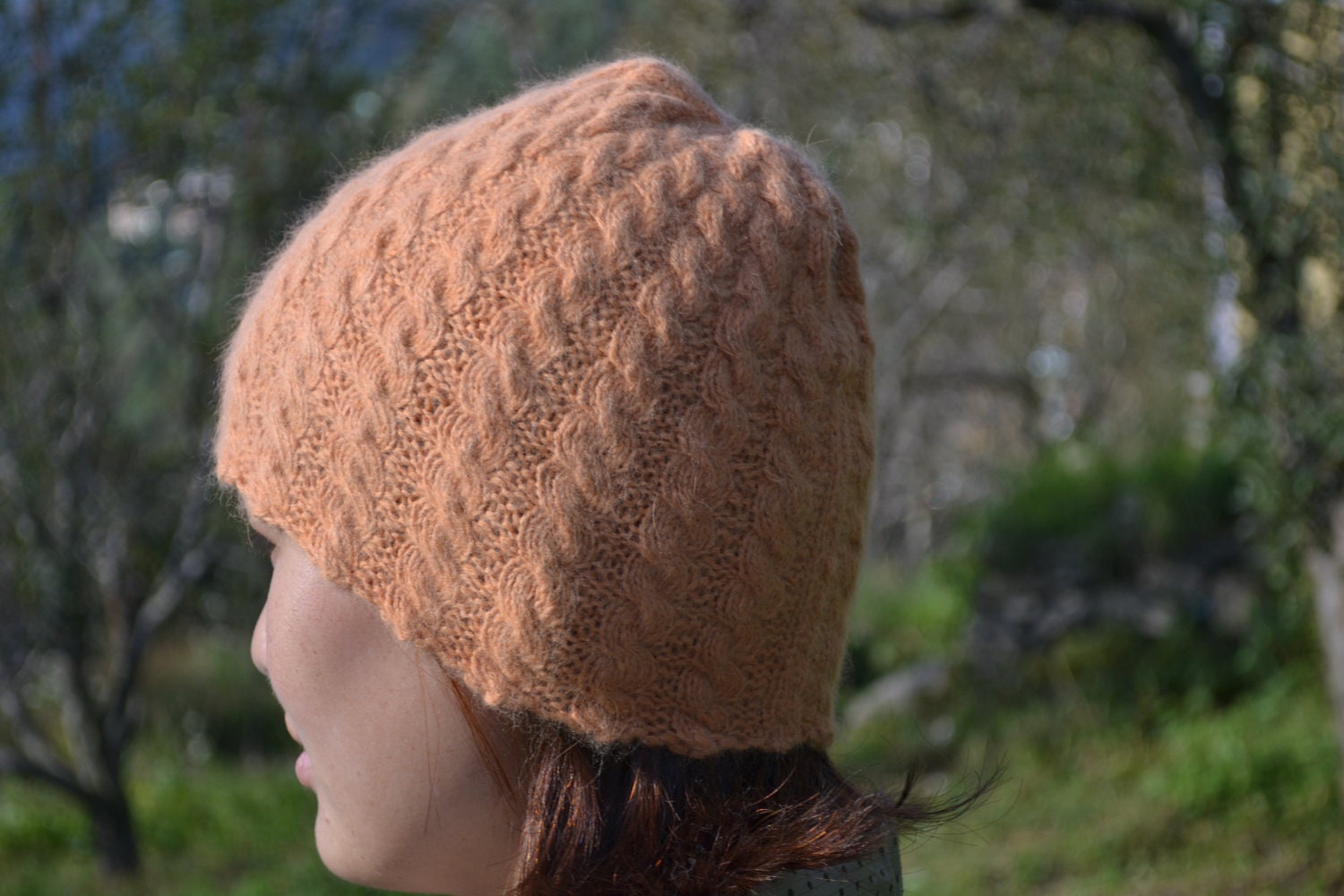 Mellow Apricot Naturally Dyed Hand-spun Hand-knitted Angora Merino Wool Soft and Warm Ski Hat SH07