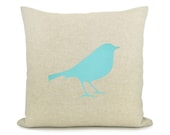 Bird pillow cover - Aqua bird print on natural beige canvas decorative pillow cover - 16x16 throw pillow cover