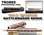 Tan Rattlesnake Skin Fountain Pen, great gift for a man or writer come with two cases, Titanium gold metal