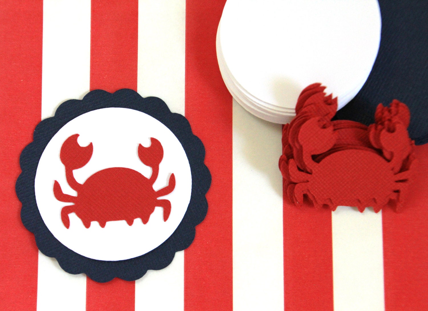 25 Die Cut Scallop Circle Nautical Crab DIY Cupcake Toppers (2.5 inches) in Navy, Red, & White Cardstock - Baby Shower, Birthday, etc.