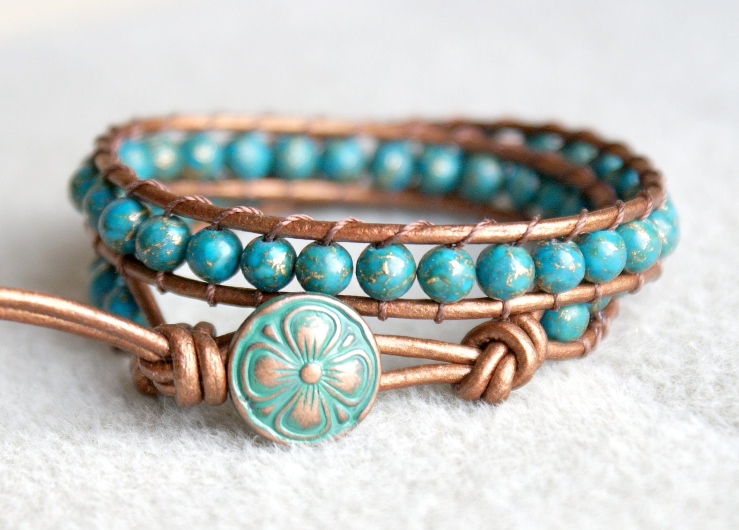Blue Turquoise With Pyrite Bohemian beaded leather wrap bracelet, 2x Wrap, boho chic, Chan Luu style, brown, copper, green, trendy jewelry