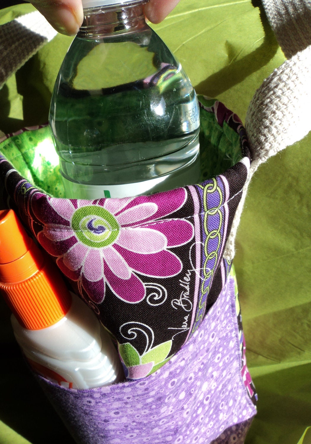 Water bottle carrier tote modern floral fabric purple pink green lavendar cotton
