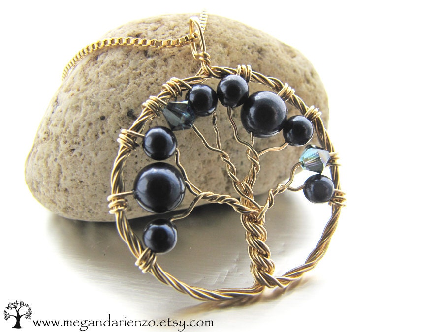 Midnight Blue Pearl Tree of Life Necklace- Gold Filled and Swarovski Elements
