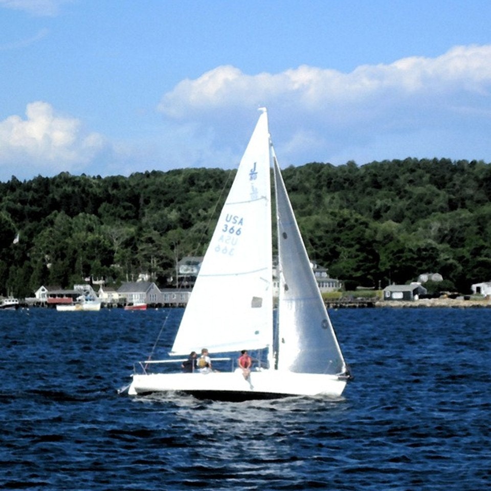 White Sailboat, Coastal Maine, Boothbay Harbor, Maine, Watercolor Photograph, Sailing Takes Me Away