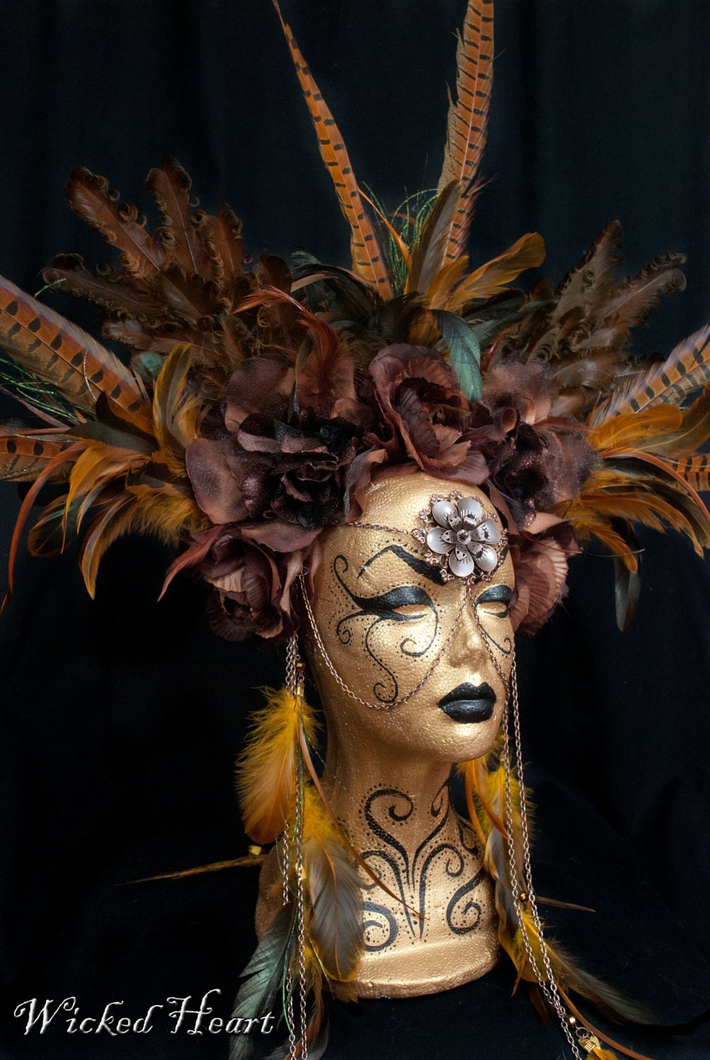 Brown Roses and Feather Headdress - MADE TO ORDER